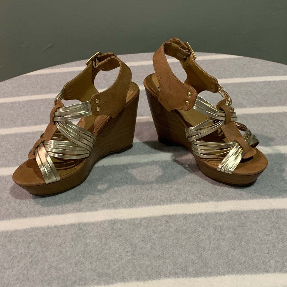 SM New York Silver and Tan Wedge Sandals wear one time
